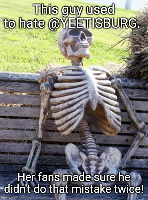 Waiting Skeleton |  This guy used to hate @YEETISBURG. Her fans made sure he didn't do that mistake twice! | image tagged in memes,waiting skeleton | made w/ Imgflip meme maker