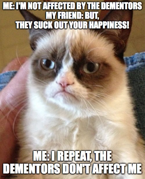 The Dementors Don't Affect Me | ME: I'M NOT AFFECTED BY THE DEMENTORS
MY FRIEND: BUT, THEY SUCK OUT YOUR HAPPINESS! ME: I REPEAT, THE DEMENTORS DON'T AFFECT ME | image tagged in memes,grumpy cat | made w/ Imgflip meme maker