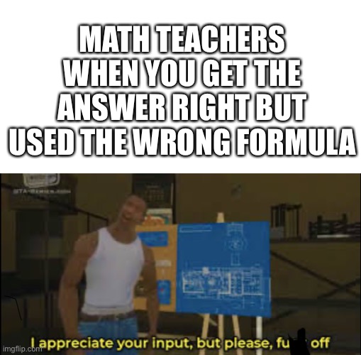 MATH TEACHERS WHEN YOU GET THE ANSWER RIGHT BUT USED THE WRONG FORMULA | image tagged in i appreciate your input but please,gta,math,math teacher,school meme,memes | made w/ Imgflip meme maker