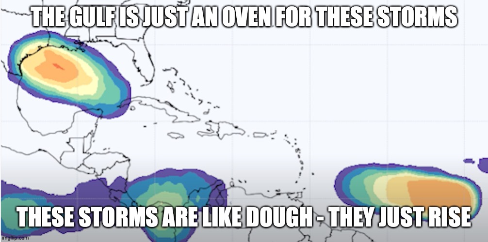 2020 strikes again | THE GULF IS JUST AN OVEN FOR THESE STORMS; THESE STORMS ARE LIKE DOUGH - THEY JUST RISE | image tagged in weather,tropical cyclone,hurricane | made w/ Imgflip meme maker