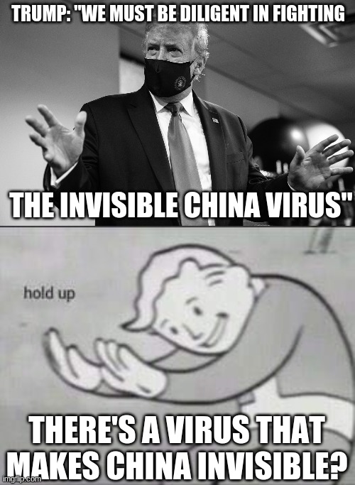Trump's pandemic response | TRUMP: "WE MUST BE DILIGENT IN FIGHTING; THE INVISIBLE CHINA VIRUS"; THERE'S A VIRUS THAT MAKES CHINA INVISIBLE? | image tagged in fallout hold up,trump mask | made w/ Imgflip meme maker