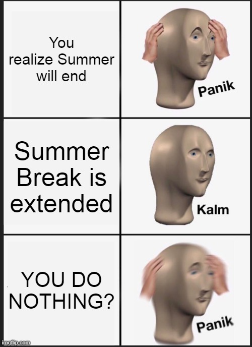 ?em yhW | You realize Summer will end; Summer Break is extended; YOU DO NOTHING? | image tagged in memes,panik kalm panik | made w/ Imgflip meme maker