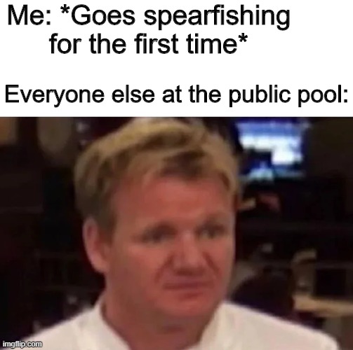 Oh noes | Me: *Goes spearfishing for the first time*; Everyone else at the public pool: | image tagged in memes,funny,gordon ramsay,pool,fishing | made w/ Imgflip meme maker