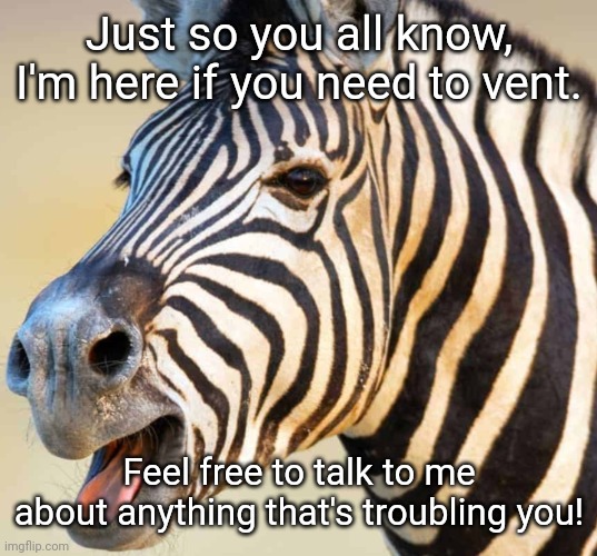 Feel free anytime! | Just so you all know, I'm here if you need to vent. Feel free to talk to me about anything that's troubling you! | image tagged in happy zebra | made w/ Imgflip meme maker