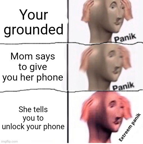 Extreem panik | Your grounded; Mom says to give you her phone; She tells you to unlock your phone | image tagged in extreem panik | made w/ Imgflip meme maker