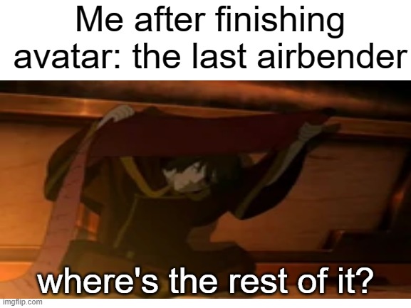 Where's the rest of it | Me after finishing avatar: the last airbender; where's the rest of it? | image tagged in zuko,avatar the last airbender | made w/ Imgflip meme maker