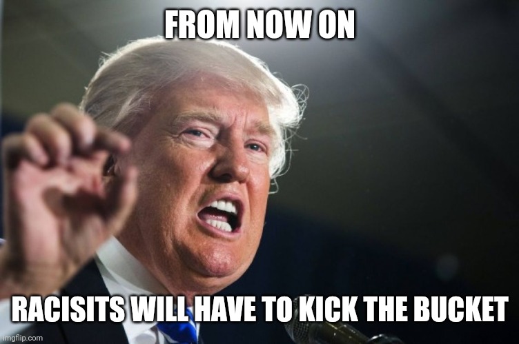 Racists kick the bucket | FROM NOW ON; RACISITS WILL HAVE TO KICK THE BUCKET | image tagged in donald trump,kick | made w/ Imgflip meme maker