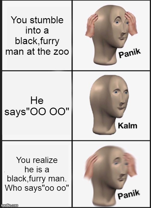 A GORILLA | You stumble into a black,furry man at the zoo; He says"OO OO"; You realize he is a black,furry man. Who says"oo oo" | image tagged in memes,panik kalm panik | made w/ Imgflip meme maker
