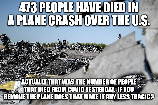 Do Your Part | 473 PEOPLE HAVE DIED IN A PLANE CRASH OVER THE U.S. ACTUALLY THAT WAS THE NUMBER OF PEOPLE THAT DIED FROM COVID YESTERDAY.  IF YOU REMOVE THE PLANE DOES THAT MAKE IT ANY LESS TRAGIC? | image tagged in corona virus,face mask,doing the right things | made w/ Imgflip meme maker