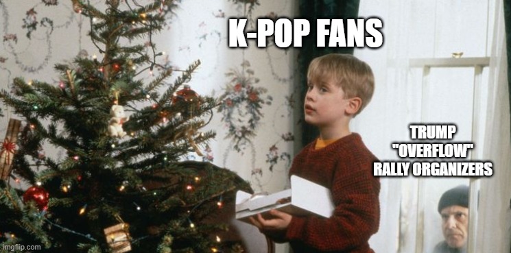 Taking the Bait | K-POP FANS; TRUMP "OVERFLOW" RALLY ORGANIZERS | image tagged in christmas,home alone,danny devito,trump,k-pop | made w/ Imgflip meme maker