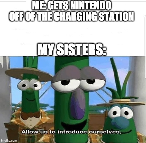 Story of my life | ME: GETS NINTENDO OFF OF THE CHARGING STATION; MY SISTERS: | image tagged in allow us to introduce ourselves,nintendo switch | made w/ Imgflip meme maker