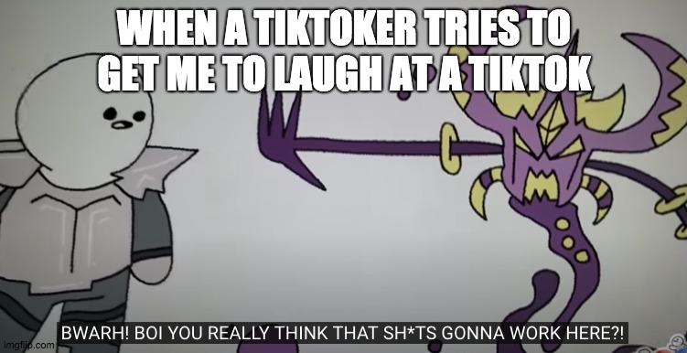 you really think that sh*t gonna work here | WHEN A TIKTOKER TRIES TO GET ME TO LAUGH AT A TIKTOK | image tagged in you really think that sht gonna work here | made w/ Imgflip meme maker