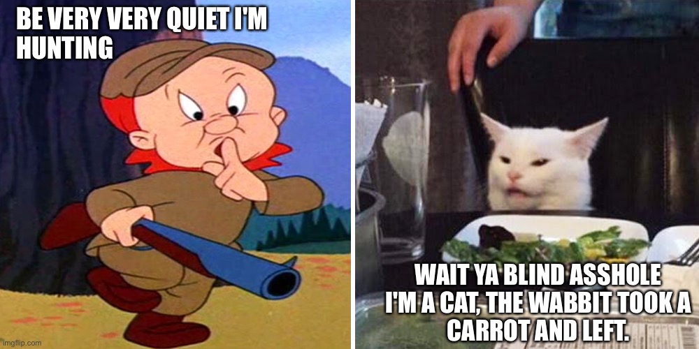 Elmer | BE VERY VERY QUIET I'M
HUNTING; WAIT YA BLIND ASSHOLE
I'M A CAT, THE WABBIT TOOK A
CARROT AND LEFT. | image tagged in hunting season | made w/ Imgflip meme maker