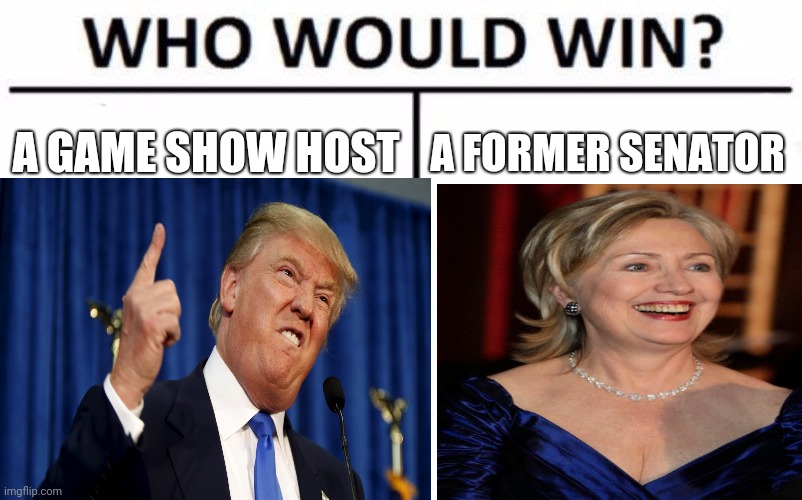 A GAME SHOW HOST; A FORMER SENATOR | image tagged in hillary clinton,trump,who would win | made w/ Imgflip meme maker