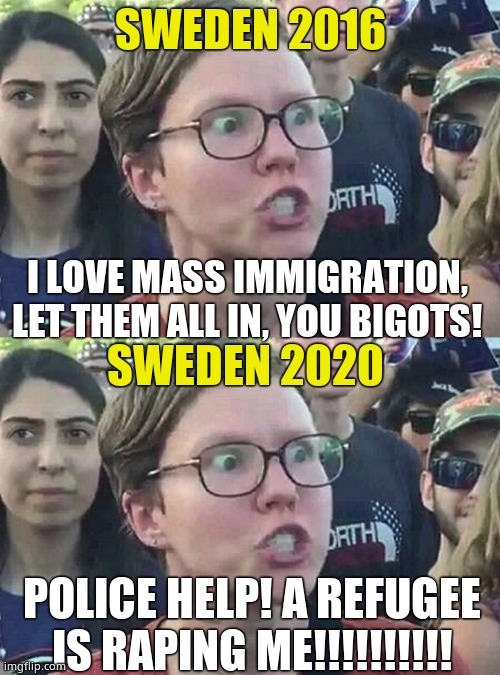 The Swedish progressive dance. | SWEDEN 2016; I LOVE MASS IMMIGRATION, LET THEM ALL IN, YOU BIGOTS! SWEDEN 2020; POLICE HELP! A REFUGEE IS RAPING ME!!!!!!!!!! | image tagged in triggered liberal,sweden,refugees,make sexy time | made w/ Imgflip meme maker