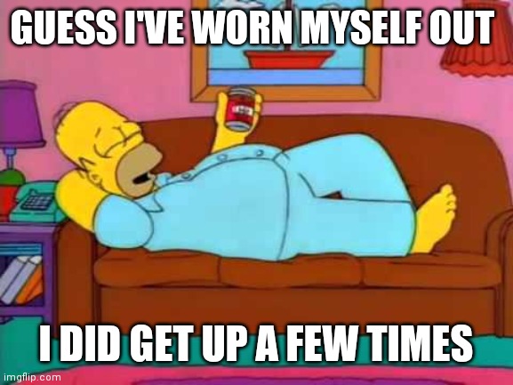 Worn Out from Quarantine | GUESS I'VE WORN MYSELF OUT; I DID GET UP A FEW TIMES | image tagged in homer couch,quarantine,boredom,lazy | made w/ Imgflip meme maker