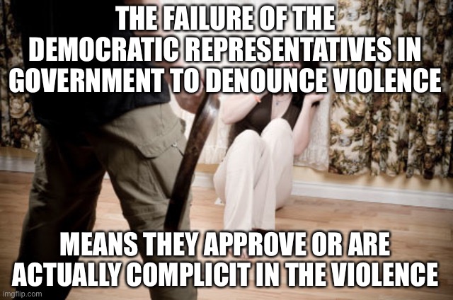domestic violence | THE FAILURE OF THE DEMOCRATIC REPRESENTATIVES IN GOVERNMENT TO DENOUNCE VIOLENCE; MEANS THEY APPROVE OR ARE ACTUALLY COMPLICIT IN THE VIOLENCE | image tagged in domestic violence,violence is never the answer,violence,democrats | made w/ Imgflip meme maker