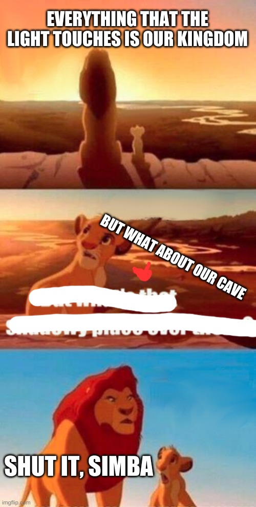 Simba Shadowy Place Meme | EVERYTHING THAT THE LIGHT TOUCHES IS OUR KINGDOM; BUT WHAT ABOUT OUR CAVE; SHUT IT, SIMBA | image tagged in memes,simba shadowy place | made w/ Imgflip meme maker