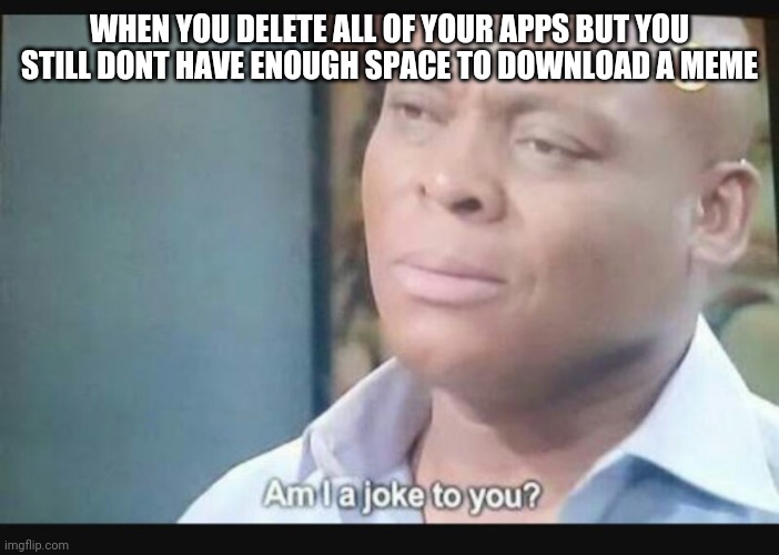 Am I a joke to you? | WHEN YOU DELETE ALL OF YOUR APPS BUT YOU STILL DONT HAVE ENOUGH SPACE TO DOWNLOAD A MEME | image tagged in am i a joke to you | made w/ Imgflip meme maker