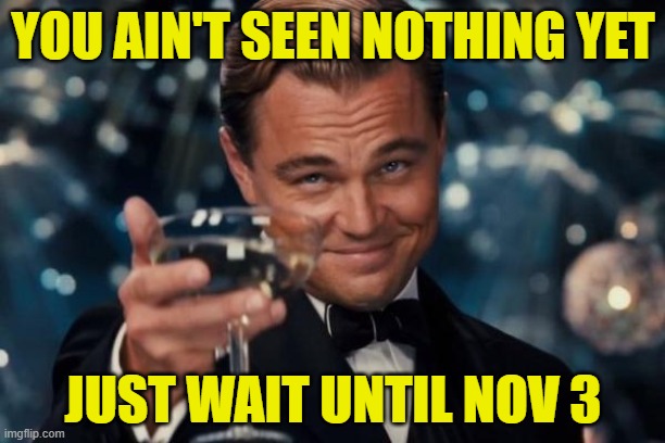 Leonardo Dicaprio Cheers Meme | YOU AIN'T SEEN NOTHING YET JUST WAIT UNTIL NOV 3 | image tagged in memes,leonardo dicaprio cheers | made w/ Imgflip meme maker