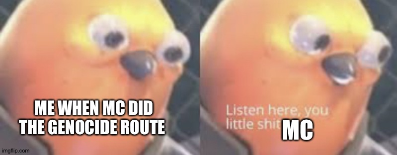 Listen here you little shit bird | ME WHEN MC DID THE GENOCIDE ROUTE; MC | image tagged in listen here you little shit bird | made w/ Imgflip meme maker
