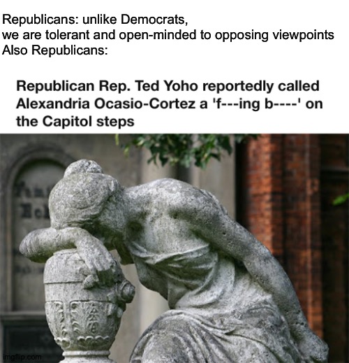 Republicans really are triggered over everything AOC says and does. | Republicans: unlike Democrats, we are tolerant and open-minded to opposing viewpoints
Also Republicans: | image tagged in shake my head smh,aoc,democrats,republicans,triggered,ted yoho | made w/ Imgflip meme maker