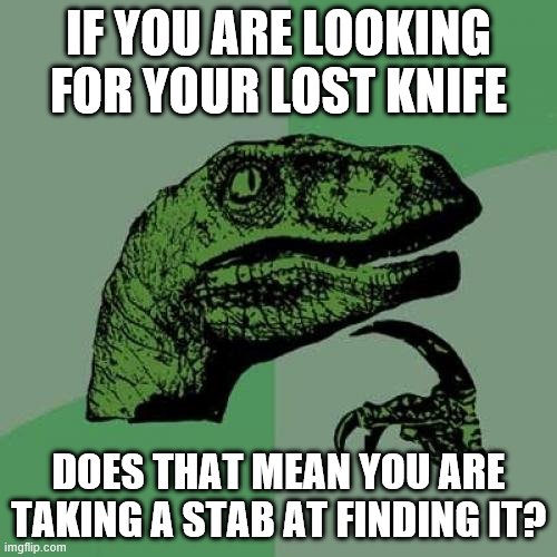 Philosoraptor | IF YOU ARE LOOKING FOR YOUR LOST KNIFE; DOES THAT MEAN YOU ARE TAKING A STAB AT FINDING IT? | image tagged in memes,philosoraptor,knives,sayings | made w/ Imgflip meme maker
