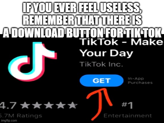 yick tok | IF YOU EVER FEEL USELESS, REMEMBER THAT THERE IS A DOWNLOAD BUTTON FOR TIK TOK | image tagged in memes,tik tok,sucks | made w/ Imgflip meme maker