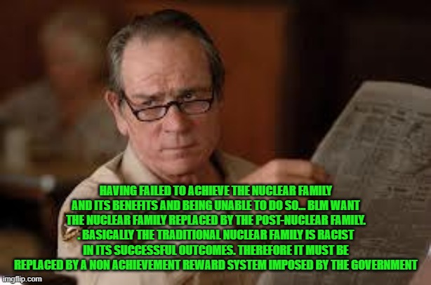 no country for old men tommy lee jones | HAVING FAILED TO ACHIEVE THE NUCLEAR FAMILY AND ITS BENEFITS AND BEING UNABLE TO DO SO... BLM WANT THE NUCLEAR FAMILY REPLACED BY THE POST-N | image tagged in no country for old men tommy lee jones | made w/ Imgflip meme maker