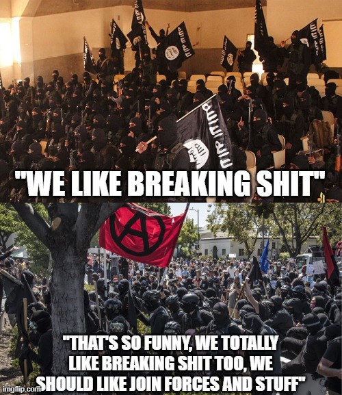 HERD MENTALITY: being influenced by your peers to adopt behaviors implemented largely on an emotional rather than rational basis | "WE LIKE BREAKING SHIT"; "THAT'S SO FUNNY, WE TOTALLY LIKE BREAKING SHIT TOO, WE SHOULD LIKE JOIN FORCES AND STUFF" | image tagged in isis,antifa,dumb and dumber | made w/ Imgflip meme maker
