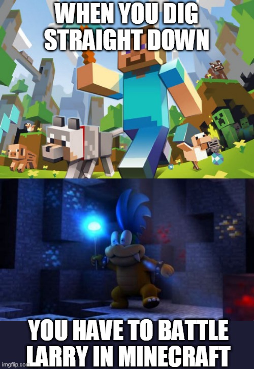 TRUE STORY | WHEN YOU DIG STRAIGHT DOWN; YOU HAVE TO BATTLE LARRY IN MINECRAFT | image tagged in minecraft,memes,mine,super mario bros | made w/ Imgflip meme maker