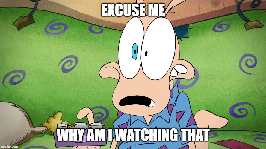 My face when i watch cringe videos | EXCUSE ME; WHY AM I WATCHING THAT | image tagged in rocko,my face when | made w/ Imgflip meme maker