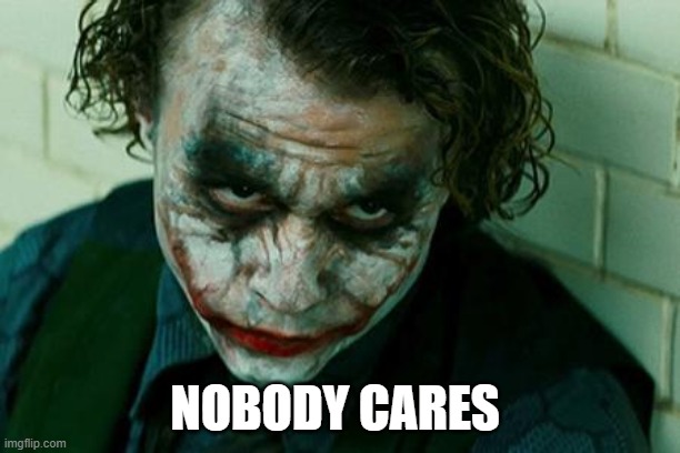 Nobody cares | NOBODY CARES | image tagged in the joker really | made w/ Imgflip meme maker