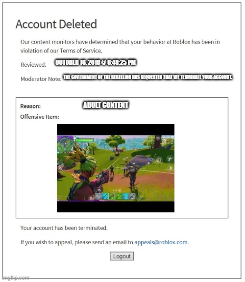 Banned From Roblox Imgflip - how to email roblox 2018