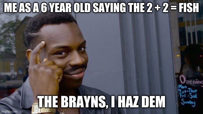 I haz the smert | ME AS A 6 YEAR OLD SAYING THE 2 + 2 = FISH; THE BRAYNS, I HAZ DEM | image tagged in memes,roll safe think about it | made w/ Imgflip meme maker
