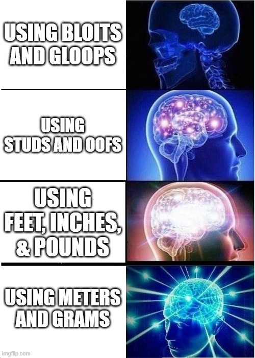 Expanding Brain Meme | USING BLOITS AND GLOOPS; USING STUDS AND OOFS; USING FEET, INCHES, & POUNDS; USING METERS AND GRAMS | image tagged in memes,expanding brain | made w/ Imgflip meme maker