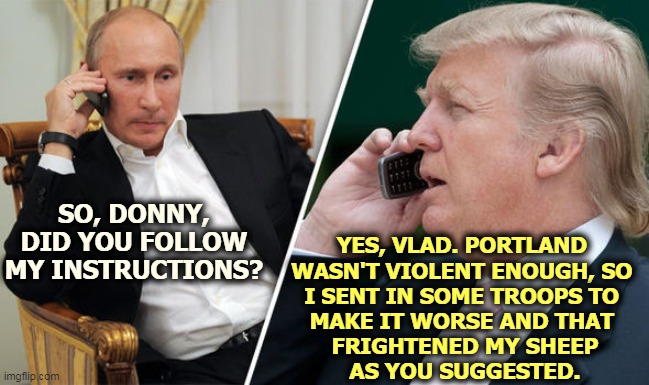 Trump isn't smart enough to dream this one up on his own. It sounds like a Putin Plan. | YES, VLAD. PORTLAND 
WASN'T VIOLENT ENOUGH, SO 
I SENT IN SOME TROOPS TO 
MAKE IT WORSE AND THAT 
FRIGHTENED MY SHEEP
AS YOU SUGGESTED. SO, DONNY, DID YOU FOLLOW MY INSTRUCTIONS? | image tagged in trump putin,putin,trump,portland,homeland security,fascists | made w/ Imgflip meme maker