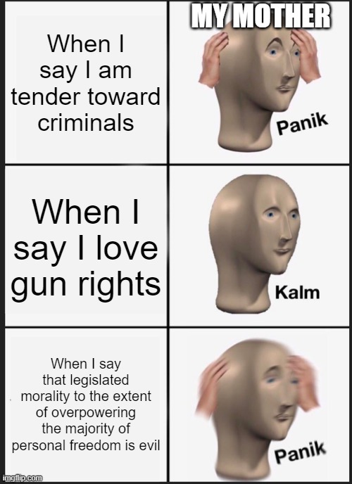 My mother | MY MOTHER; When I say I am tender toward criminals; When I say I love gun rights; When I say that legislated morality to the extent of overpowering the majority of personal freedom is evil | image tagged in memes,panik kalm panik,gun control,political meme,mother | made w/ Imgflip meme maker