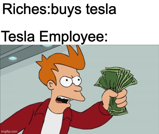 Tesla employees be like that | Riches:buys tesla; Tesla Employee: | image tagged in memes,shut up and take my money fry | made w/ Imgflip meme maker