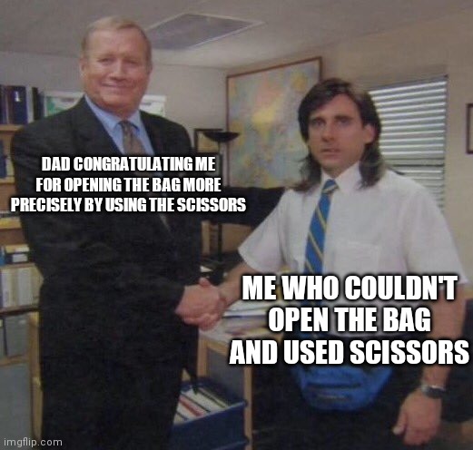 the office congratulations | DAD CONGRATULATING ME FOR OPENING THE BAG MORE PRECISELY BY USING THE SCISSORS; ME WHO COULDN'T OPEN THE BAG AND USED SCISSORS | image tagged in the office congratulations,cereal | made w/ Imgflip meme maker