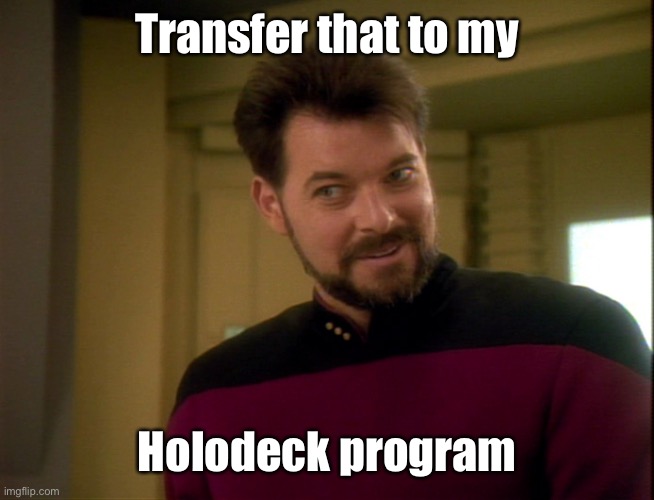 Riker Lets Start Some Trouble | Transfer that to my Holodeck program | image tagged in riker lets start some trouble | made w/ Imgflip meme maker