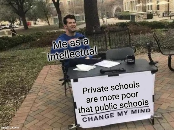 Private school's truth | Me as a intellectual; Private schools are more poor that public schools | image tagged in change my mind,private school | made w/ Imgflip meme maker