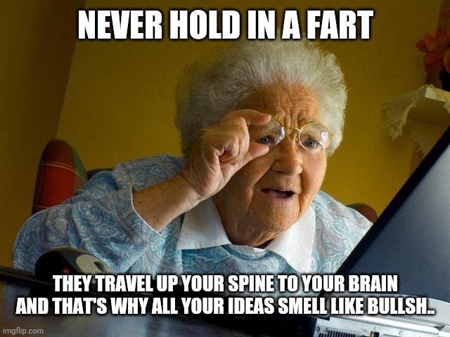 Why grandma let's em go | NEVER HOLD IN A FART; THEY TRAVEL UP YOUR SPINE TO YOUR BRAIN AND THAT'S WHY ALL YOUR IDEAS SMELL LIKE BULLSH.. | image tagged in memes,grandma finds the internet | made w/ Imgflip meme maker
