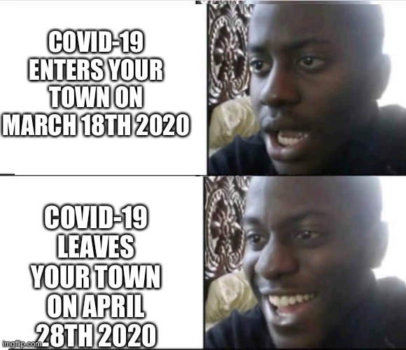 True Story | COVID-19 ENTERS YOUR TOWN ON MARCH 18TH 2020; COVID-19 LEAVES YOUR TOWN ON APRIL 28TH 2020 | image tagged in young man smile then shock,opposite | made w/ Imgflip meme maker