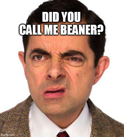 mr bean face | DID YOU CALL ME BEANER? | image tagged in mr bean face | made w/ Imgflip meme maker