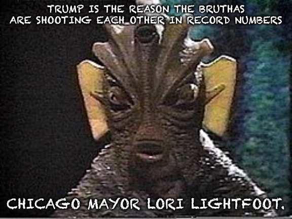 Lori Lightfoot | TRUMP IS THE REASON THE BRUTHAS ARE SHOOTING EACH OTHER IN RECORD NUMBERS; CHICAGO MAYOR LORI LIGHTFOOT. | image tagged in mayor | made w/ Imgflip meme maker