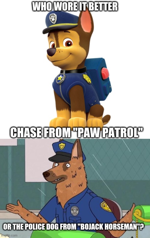Who Wore It Better Wednesday #12 - Dogs in police uniforms | WHO WORE IT BETTER; CHASE FROM "PAW PATROL"; OR THE POLICE DOG FROM "BOJACK HORSEMAN"? | image tagged in memes,who wore it better,paw patrol,bojack horseman,nickelodeon,netflix | made w/ Imgflip meme maker