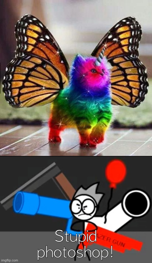 Photoshop... | Stupid photoshop! | image tagged in rainbow unicorn butterfly kitten,photoshop,hacker | made w/ Imgflip meme maker