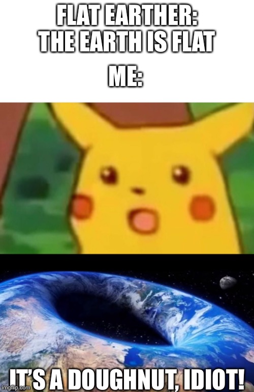 FLAT EARTHER: THE EARTH IS FLAT; ME:; IT’S A DOUGHNUT, IDIOT! | image tagged in memes,surprised pikachu | made w/ Imgflip meme maker