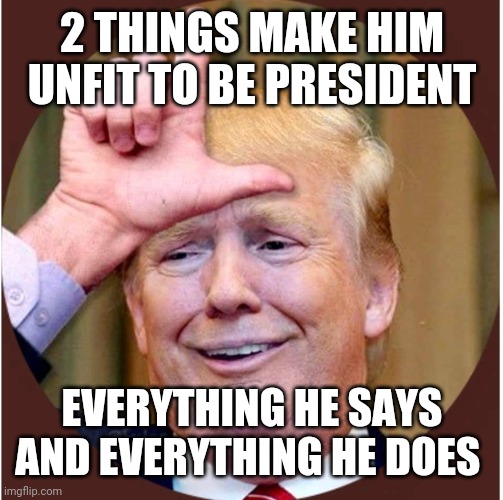 Trump loser | 2 THINGS MAKE HIM UNFIT TO BE PRESIDENT EVERYTHING HE SAYS AND EVERYTHING HE DOES | image tagged in trump loser | made w/ Imgflip meme maker